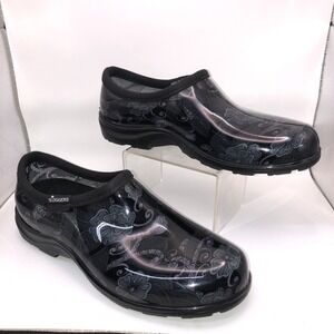 Sloggers Women 8 Garden Shoes Black Grey Floral Paisley Waterproof Rain Slip On